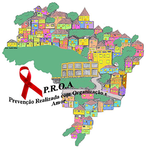 logo da organização PROA(Prevenção Realizada com Amor),com o desenho do mapa do Brasil,com varias casinhas parecidas casas de favela